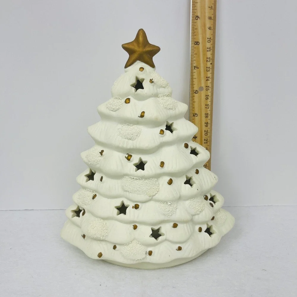 White Ceramic Christmas Tree Tea Light Holder Gold Star Cutouts Holiday Decor 8